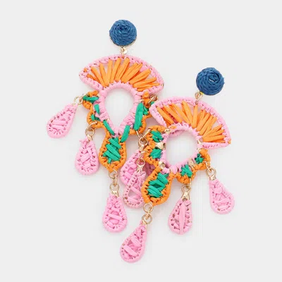 Fashnzfab Raffia Wrapped Abstract Link Dangle Earrings - Pink