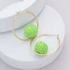 Fashnzfab Raffia Wrapped Ball Pointed Metal Hoop Earrings - Green In Gold