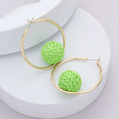 Fashnzfab Raffia Wrapped Ball Pointed Metal Hoop Earrings - Green In Gold