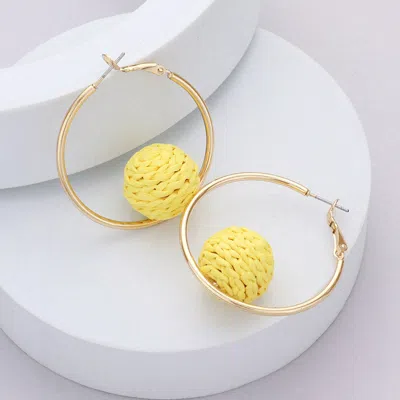 Fashnzfab Raffia Wrapped Ball Pointed Metal Hoop Earrings - Yellow