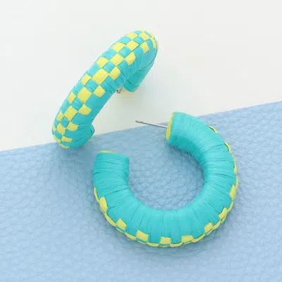 Fashnzfab Raffia Wrapped Checkerboard Pattern Hoop Earrings In Green