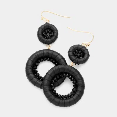 Fashnzfab Raffia Wrapped Faceted Bead Embellished Double Open Circle Link Dangle Earrings In Black