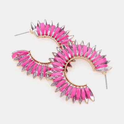 Fashnzfab Raffia Wrapped Marquise Stone Cluster Hoop Earrings - Fuchsia, Gold In Pink