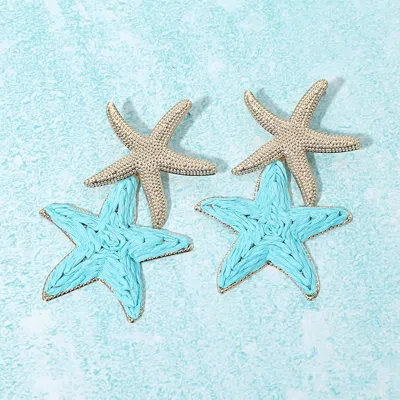 Fashnzfab Raffia Wrapped Starfish Link Drop Statement Earrings In Blue