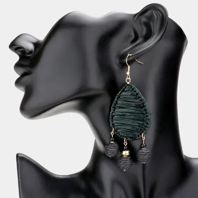 Fashnzfab Raffia Wrapped Teardrop Triple Ball Link Dangle Earrings - Black