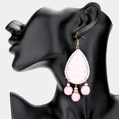 Fashnzfab Raffia Wrapped Teardrop Triple Ball Link Dangle Earrings - Pink In White