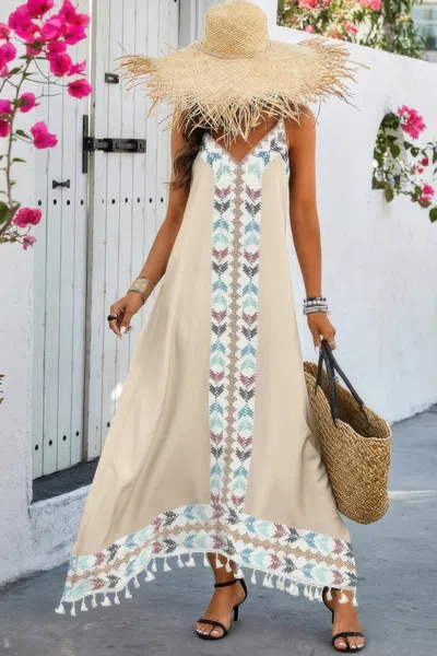Fashnzfab Random Printed Spaghetti Strap Sleeveless Dress In Sand