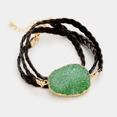 Fashnzfab Raw Druzy Slice & Twisted Faux Leather Wrap Bracelet Gold, Green In Multi
