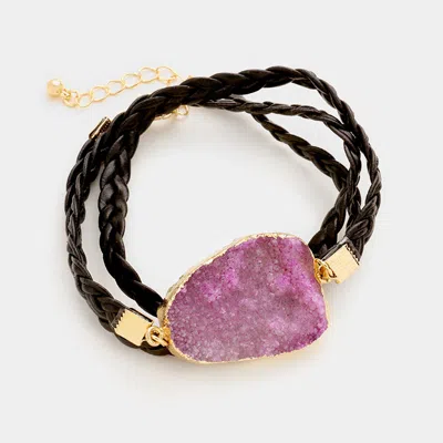 Fashnzfab Raw Druzy Slice & Twisted Faux Leather Wrap Bracelet Gold, Purple In Pink