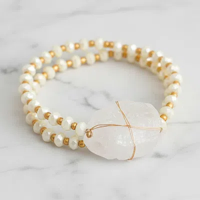 Fashnzfab Raw Quartz Accented Pearl Strand Wrap Stretch Bracelet In Multi