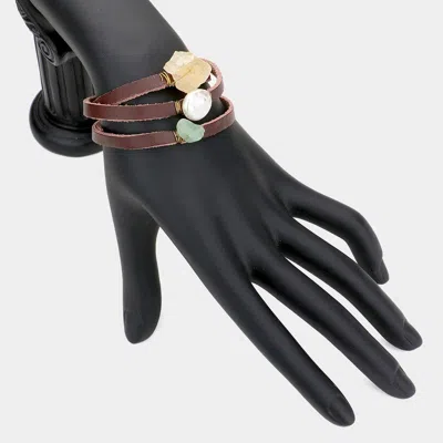 Fashnzfab Raw Quartz & Pearl Accented Faux Leather Wrap Toggle Bracelet Neutral In Sand