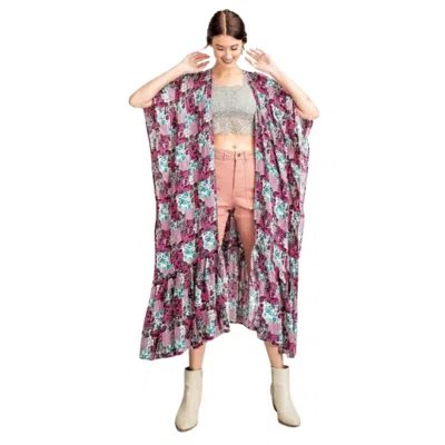 Fashnzfab Rayon Challis Ruffle Bottom Maxi Open Kimono In Pink