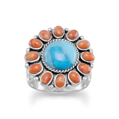 Fashnzfab Reconstituted Turquoise And Coral Sunburst Ring In Multi