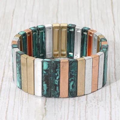 Fashnzfab Rectangle Bar Metal Stretch Bracelet - Patina Verdigris In Multi