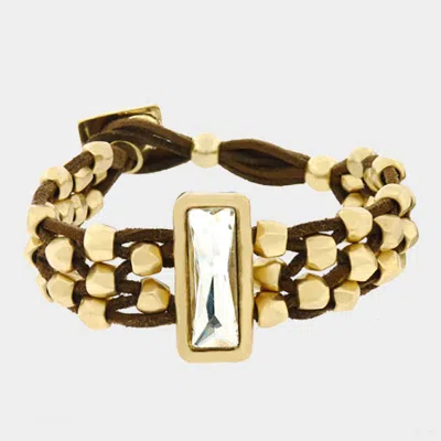 Fashnzfab Rectangle Crystal Chunky Metal Bead Cluster Suede Bracelet In Gold