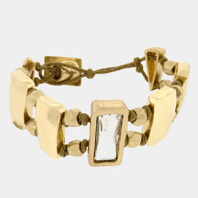 Fashnzfab Rectangle Crystal Chunky Metal Bead Suede Bracelet Worn Gold