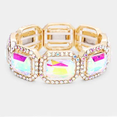 Fashnzfab Rectangle Crystal Rhinestone Pave Stretch Evening Bracelet Ab, Gold