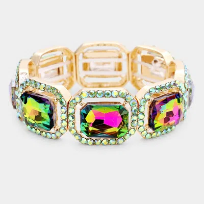 Fashnzfab Rectangle Crystal Rhinestone Pave Stretch Evening Bracelet Gold