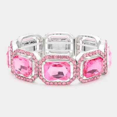Fashnzfab Rectangle Crystal Rhinestone Pave Stretch Evening Bracelet Pink, Rhodium In Multi