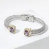 Fashnzfab Rectangle Cz Stone Tip Hinged Cuff Bracelet Amethyst, Two Tone In Multi