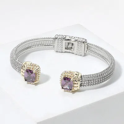 Fashnzfab Rectangle Cz Stone Tip Hinged Cuff Bracelet Amethyst, Two Tone In Multi