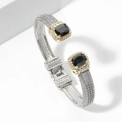 Fashnzfab Rectangle Cz Stone Tip Hinged Cuff Bracelet Jet Black, Two Tone In Multi