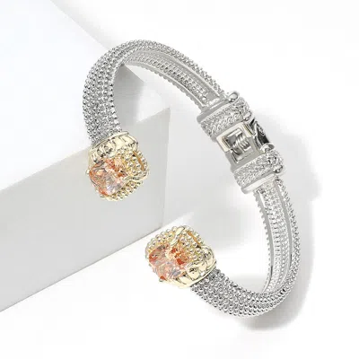 Fashnzfab Rectangle Cz Stone Tip Hinged Cuff Bracelet Peach, Two Tone In Silver