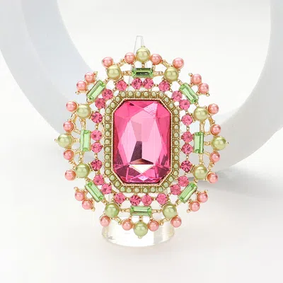 Fashnzfab Rectangle Glass Stone Centered Pearl Rhinestone Embellished Stretch Ring In Pink