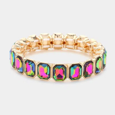 Fashnzfab Rectangle Glass Stone Cluster Stretch Evening Bracelet Ab, Green In Multi