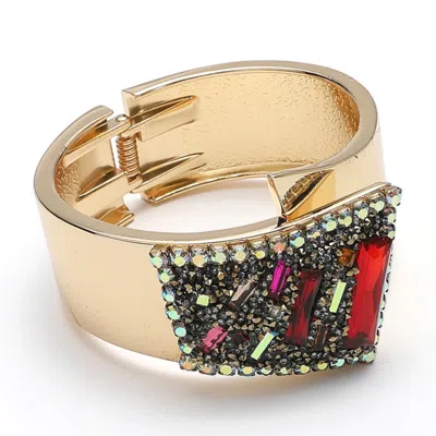 Fashnzfab Rectangle Glass Stone Embellished Bling Studded Pointed Hinged Bracelet Gold, Red In Multi