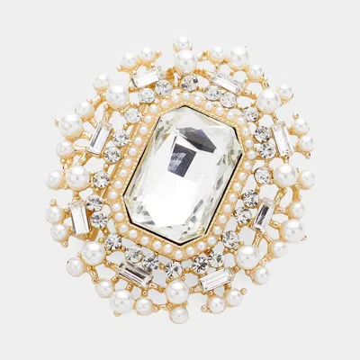 Fashnzfab Rectangle Glass Stone Pointed Pearl Embellished Pin Brooch In Silver