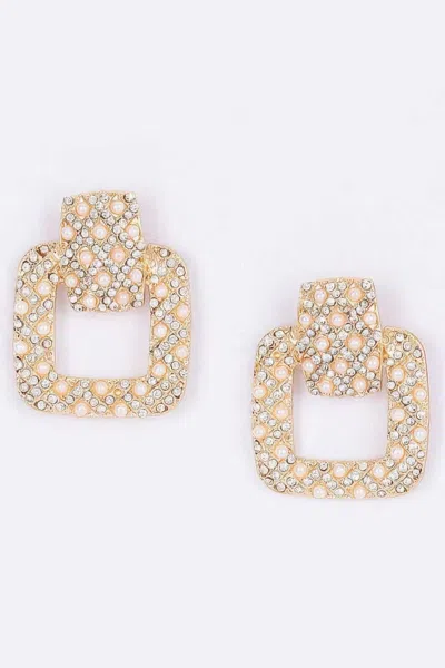 Fashnzfab Rectangle Link Faux Pearl Rhinestone Dangle Earrings In Gold