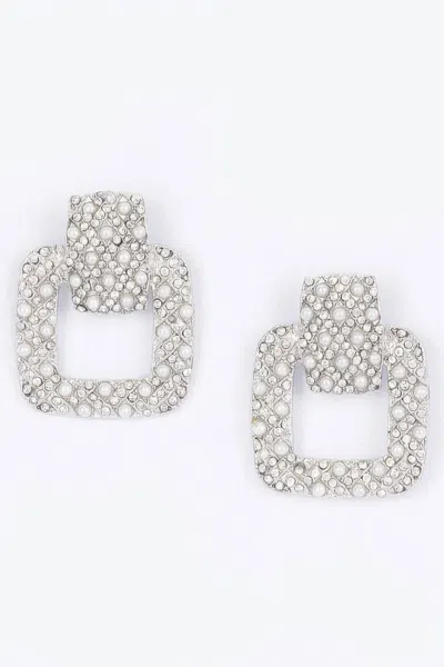 Fashnzfab Rectangle Link Faux Pearl Rhinestone Dangle Earrings In Silver