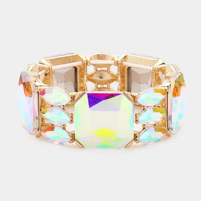 Fashnzfab Rectangle Marquise Glass Stone Cluster Stretch Evening Bracelet Ab, Gold In Green