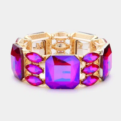 Fashnzfab Rectangle Marquise Glass Stone Cluster Stretch Evening Bracelet Fuchsia, Gold In Multi