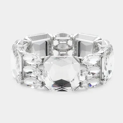Fashnzfab Rectangle Marquise Glass Stone Cluster Stretch Evening Bracelet Silver In Metallic