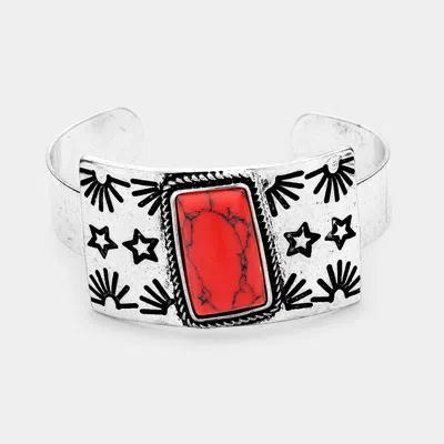 Fashnzfab Rectangle Natural Stone Accented Burnished Metal Cuff Bracelet Red, Silver Burnished In White