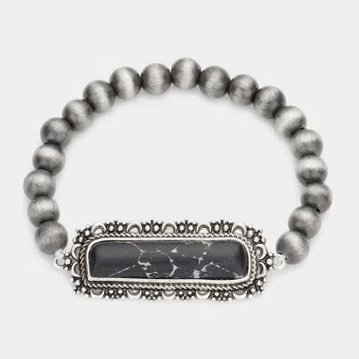 Fashnzfab Rectangle Natural Stone Accented Stretch Bracelet In Gray