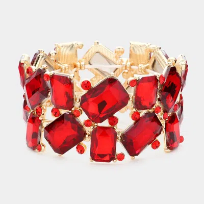 Fashnzfab Rectangle Round Glass Stone Cluster Stretch Evening Bracelet Gold, Red