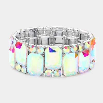 Fashnzfab Rectangle Round Glass Stone Cluster Stretch Evening Bracelet In Metallic