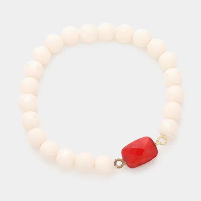 Fashnzfab Rectangle Stone Accented Beaded Stretch Bracelet Red