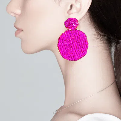 Fashnzfab Rectangle Stone Accented Disc Linked Earrings In Pink