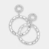 Fashnzfab Rectangle Stone Accented Double Open Circle Link Dangle Evening Earrings In Silver