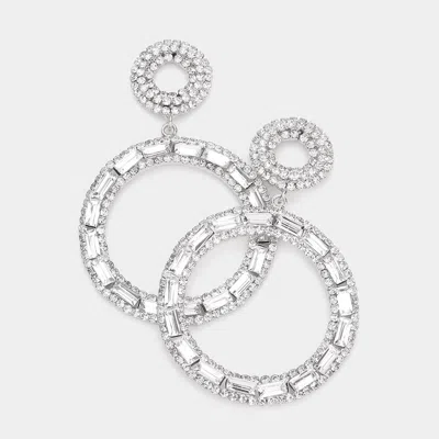 Fashnzfab Rectangle Stone Accented Double Open Circle Link Dangle Evening Earrings In Silver