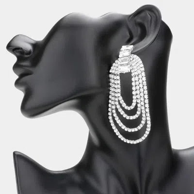 Fashnzfab Rectangle Stone Accented Draped Rhinestone Dangle Evening Earrings - Rhodium In Metallic