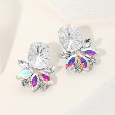 Fashnzfab Rectangle Stone Accented Marquise Stone Embellished Evening Earrings - Clear, Silver In Metallic