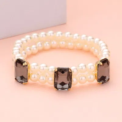 Fashnzfab Rectangle Stone Accented Pearl Stretch Bracelet Black Diamond In Gold