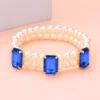 Fashnzfab Rectangle Stone Accented Pearl Stretch Bracelet Sapphire In Blue