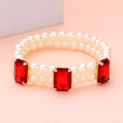 Fashnzfab Rectangle Stone Accented Pearl Stretch Bracelet Siam In Multi