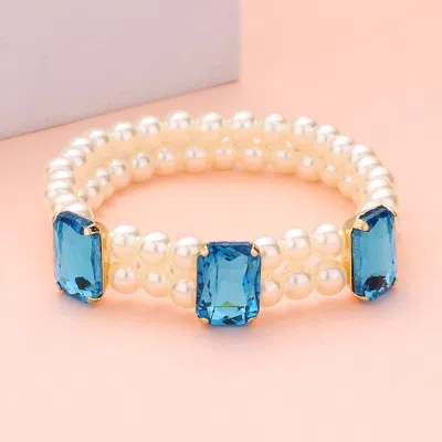 Fashnzfab Rectangle Stone Accented Pearl Stretch Bracelet Turquoise In Blue